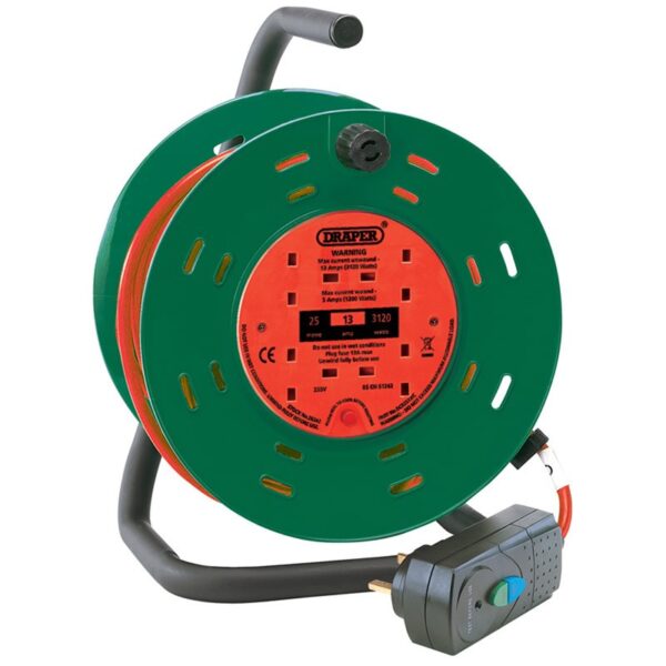 Draper 230V Four Socket Garden Cable Reel With RCD Adaptor (25M) | Torne Valley