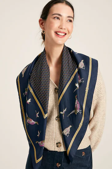 JOULES BLOOMFIELD SILK SQUARE SCARF NAVY PHEASANTS | Torne Valley